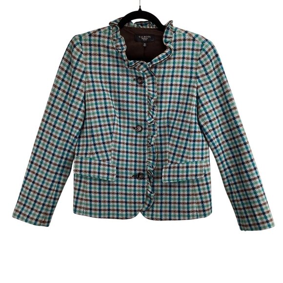 Talbots Plaid Blazer Jacket Size 10P Wool Blend Plaid Ruffle Brown/Teal - Picture 2 of 11
